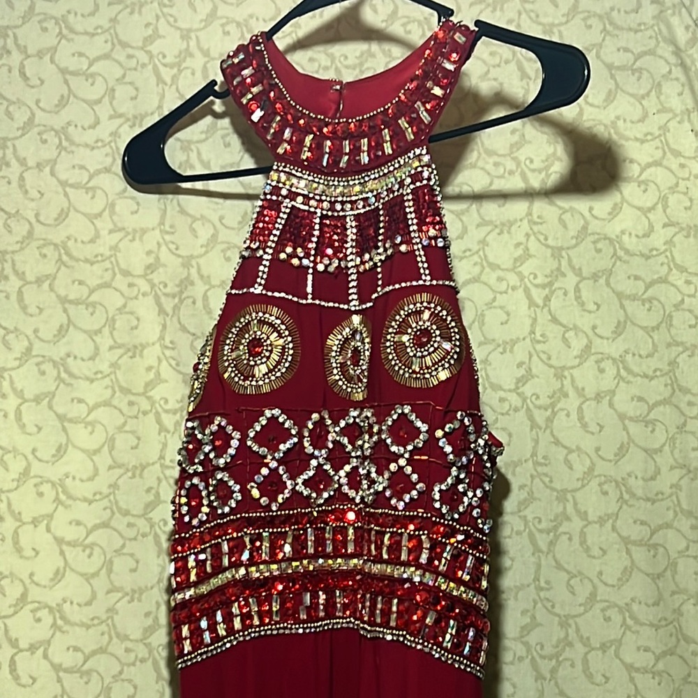 Red Beaded Halter Top Prom Dress